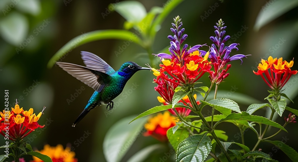 Fototapeta premium Hummingbird in flight feeding on vibrant red and purple flowers.