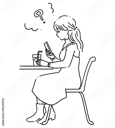 カフェでスマホを見る女性　線画2