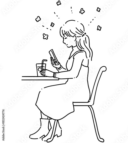 カフェでスマホを見る女性　線画5