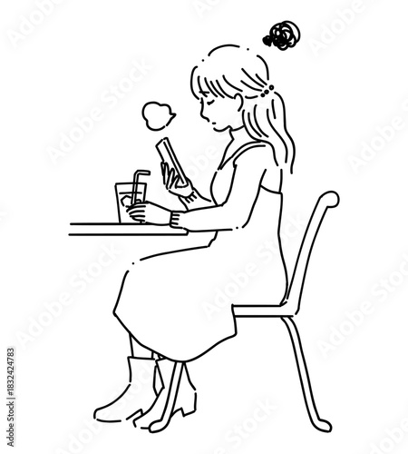 カフェでスマホを見る女性　線画4
