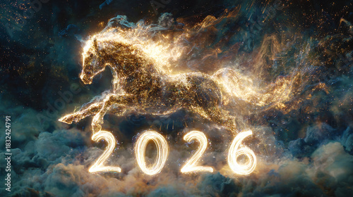 Golden Horse Leaping Through Clouds with Fireworks and 2026 Light Trails