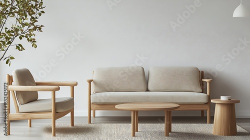 Minimalist living room with wooden furniture and sofa Photo