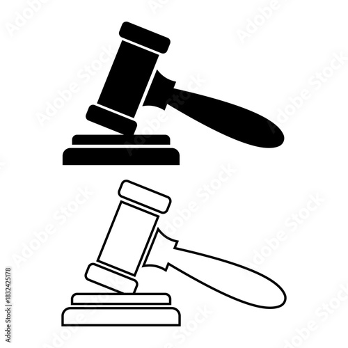 Set of judge gavel icons in solid and outline style on a clean white background