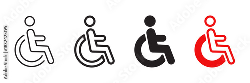Set of minimalist wheelchair accessibility icons with transparent background, depicting universal design for public spaces, medical facilities, and digital interfaces, vector illustration
