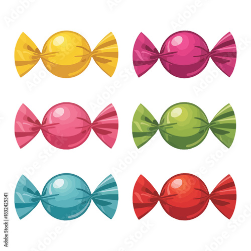 Six Delicious Looking Wrapped Candies in Different Colors PNG Set