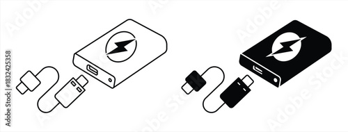 Portable power bank icon with USB cable for charging devices, charging sign, vector illustration