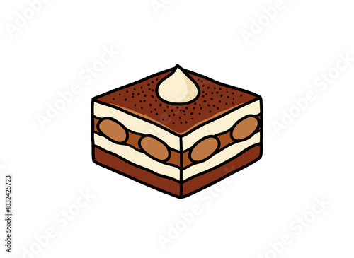 A delicious square piece of tiramisu dessert with layers of cream and biscuit topped with white cream and cocoa powder on a black background with a white outline and small brown dots