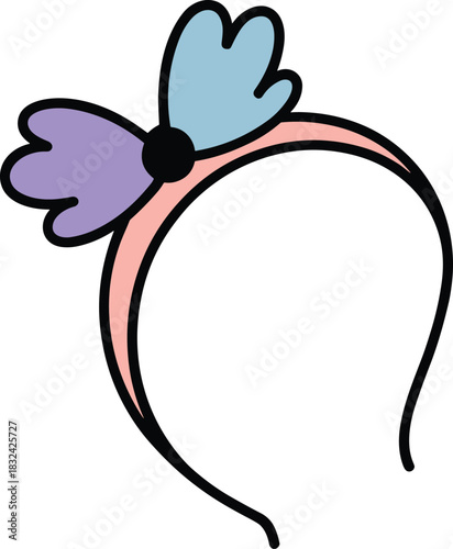 Cartoon headband accessory, pink band with petals, purple and blue shapes, fashion item, character design, bold outline, playful style