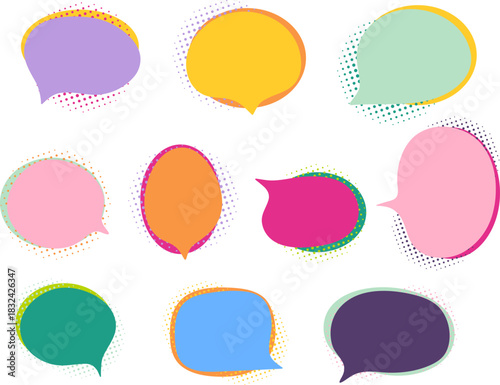 Batch collection of colorful comic speech bubbles with halftone shadow. Set of flat hand drawn pop art vector chat balloons for dialogue, conversation,  communication design and promotion banners