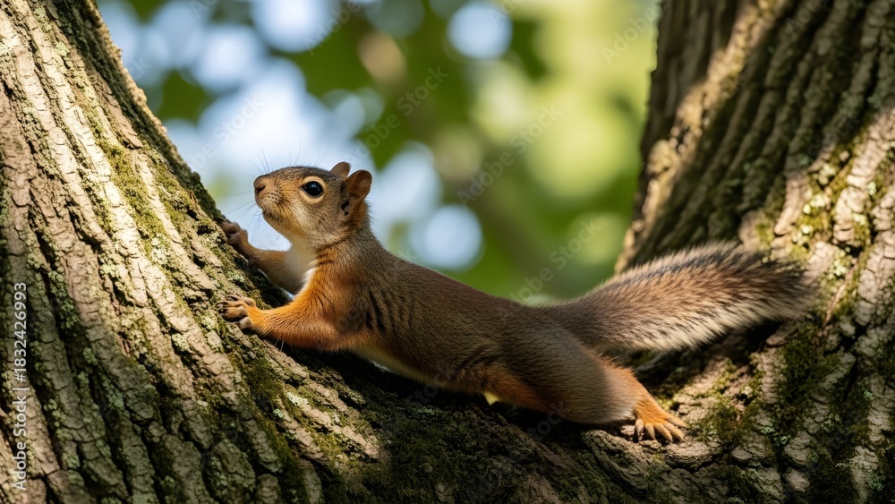 Obraz premium Cute squirrel perched on a tree trunk in dappled sunlight