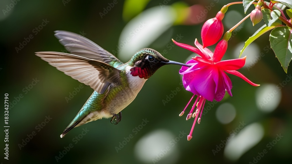 Obraz premium Ruby throated hummingbird feeding on a bright pink fuchsia flower