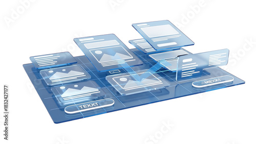 Blue Glass 3D Drag and Drop Website Builder Interface, isolated on white