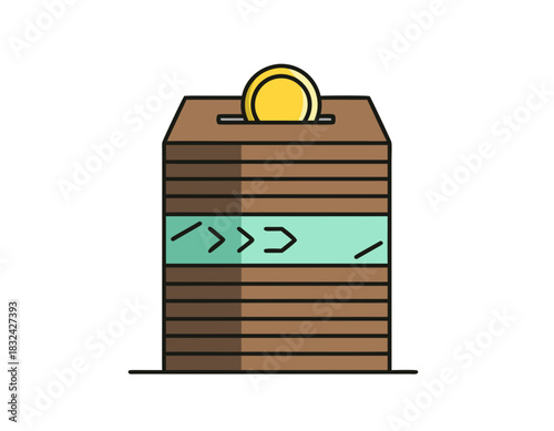 Illustration of a stylized wooden donation box with a gold coin being inserted on a black background, simple flat design with clean lines