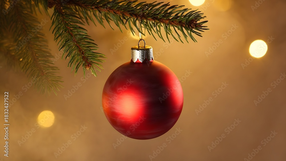Obraz premium A red Christmas ornament hanging from a pine branch with soft holiday lights in the background.