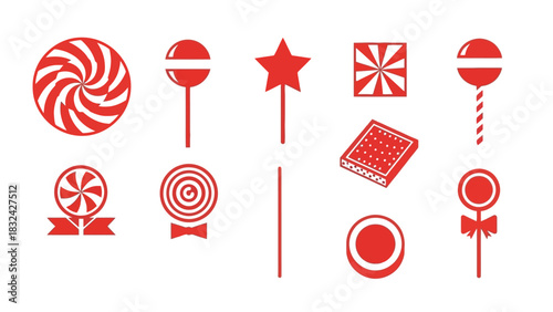 Collection of Various Red and White Swirl Candies and Lollipops