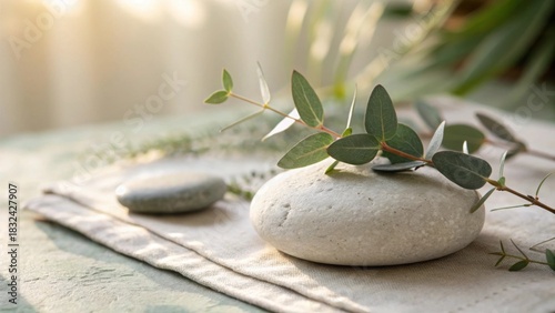 Minimalist aroma stones with eucalyptus leaf in natural light