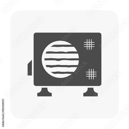 Air condenser unit vector icon in thin black outline, old dirty outdoor AC unit on support. Ideal for illustrating HVAC system issues, low cooling efficiency, poor heat ventilation, need maintenance.