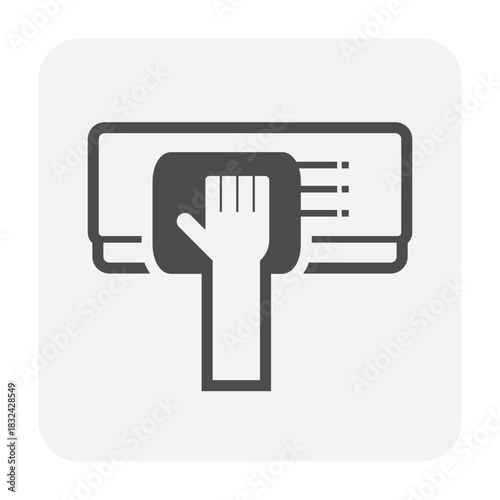 Air conditioner indoor unit cleaning vector icon. Hand wiping evaporator indoor unit, representing AC cleaning, HVAC maintenance for cooling efficiency, healthy airflow and energy savings.