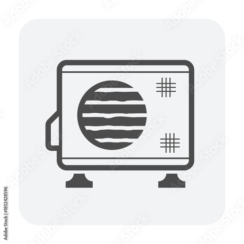 Air condenser unit vector icon in thin black outline, old dirty outdoor AC unit on support. Ideal for illustrating HVAC system issues, low cooling efficiency, poor heat ventilation, need maintenance.