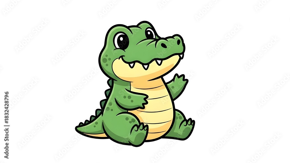 Fototapeta premium green crocodile sitting and waving, set against a white background
