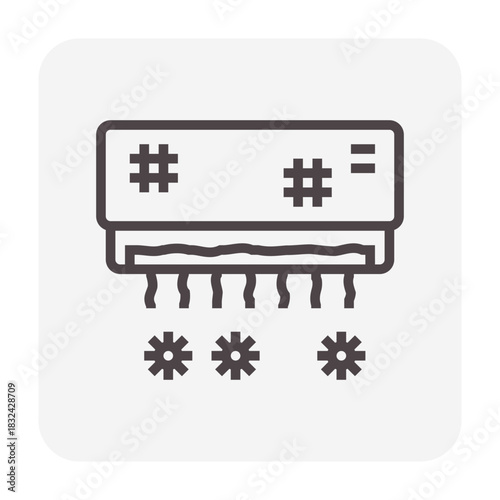 Broken and dirty air conditioning indoor unit vector icon in thin outline style, illustrating malfunctioning AC system. Represents cooling problems, low efficiency and need for cleaning, repair.