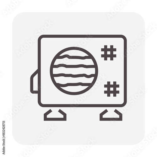 Air condenser unit vector icon in thin black outline, old dirty outdoor AC unit on support. Ideal for illustrating HVAC system issues, low cooling efficiency, poor heat ventilation, need maintenance.