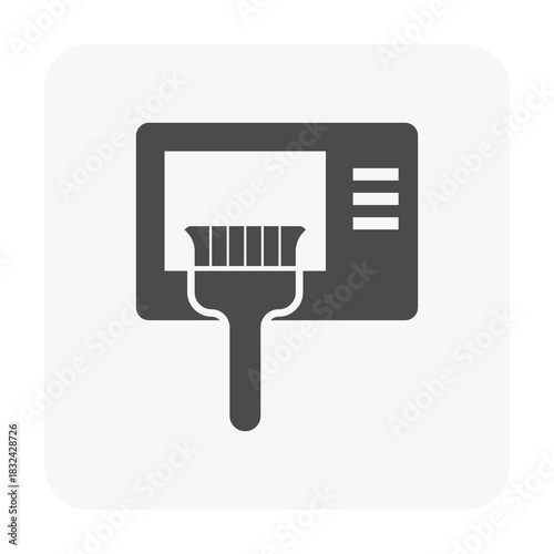 Air conditioner cleaning vector icon, brush removing dust and dirt from condenser unit coil. HVAC maintenance for cooling performance, improved airflow, heat ventilation efficiency and energy savings.