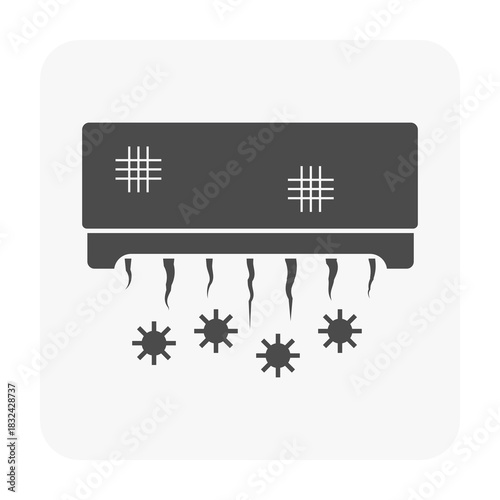 Broken and dirty air conditioning indoor unit vector icon in black silhouette style, illustrating malfunctioning AC system. Represents cooling problems, low efficiency and causes of illness.