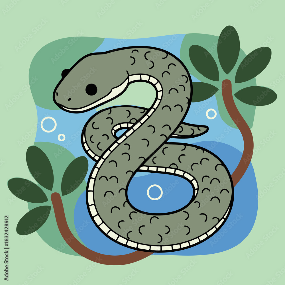 Naklejka premium Cute Arafura File Snake (Acrochordus Arafurae) Swimming In Water, Aquatic Reptile Animal Character Clipart Isolated On Transparent Background