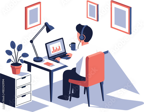 Man working remotely from home office desk with laptop and headphones