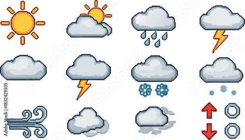 Set of pixel art weather icons showing sun, cloud, rain, snow, and lightning