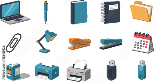 Collection of various office supply and electronic equipment icon set