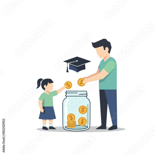 Father and daughter saving money for education in a jar.
