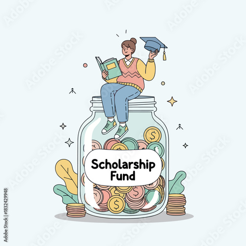 Student sitting on a scholarship fund jar, holding a book and graduation cap, symbolizing educational funding and academic achievement.