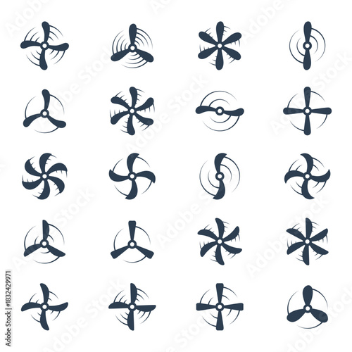Airplane propellers. Vector silhouette aviation icons for drones, aircraft mechanics, and engineering transport themes