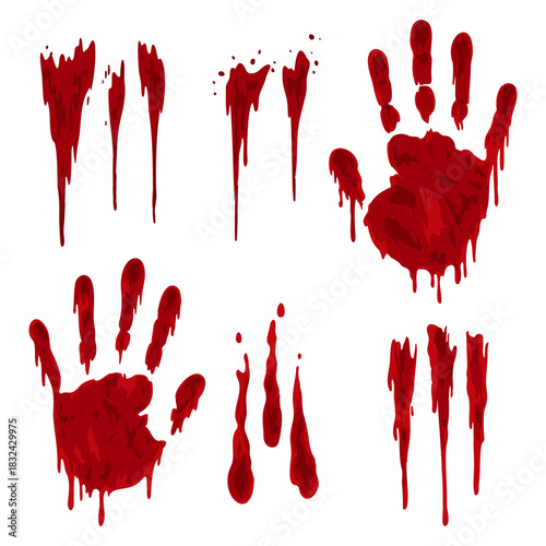 Set of bloody handprints and dripping stains. Horror-themed red blood marks for Halloween or thriller visuals