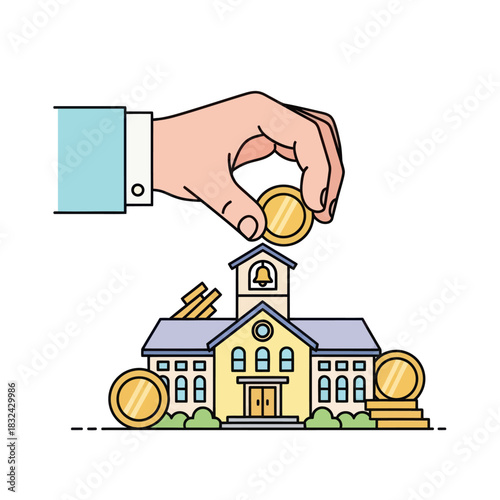 Hand Placing Coin on School Building - Investing in Education.