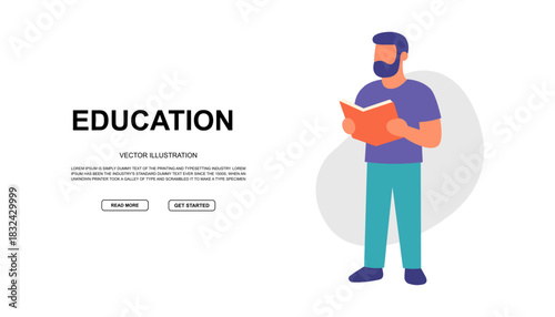 Flat vector banner of man reading a book with EDUCATION headline. Modern minimalist design