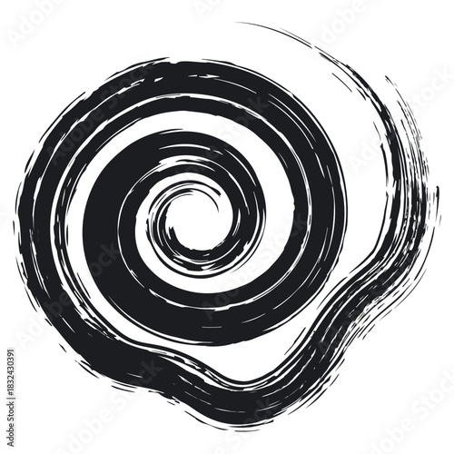 手描きかすれ筆タッチのうずまきストローク素材/黒