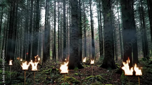 Lit torches in forest, moody lighting, dark trees, eerie atmosphere, fantasy artwork use