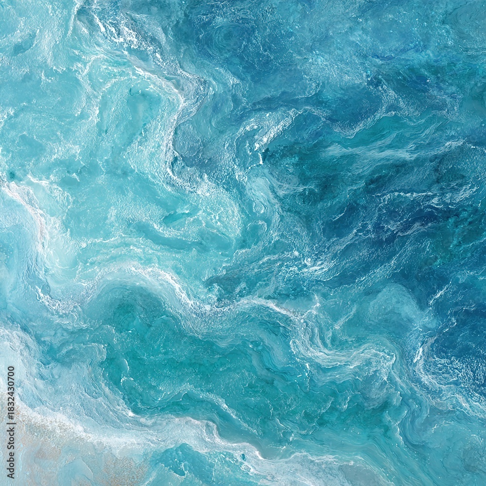 Obraz premium Stunning Ice Textured Ocean Surface Aerial View Capturing Turquoise Water Swirls and Waves Ideal for Nature Backgrounds and Design Elements