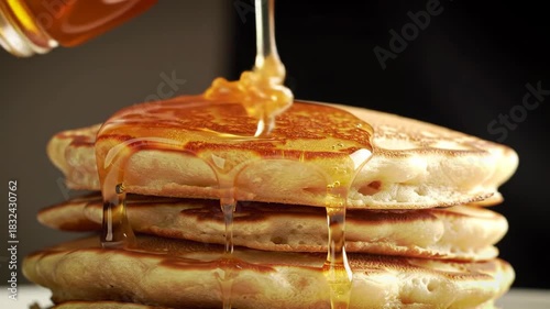 Pancakes with syrup being poured, stack in macro shot, on dark, for breakfast menus