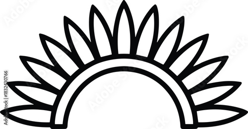 Decorative arch motif, symmetrical sunburst design, pointed leaf shapes, bold outline, graphic element, cultural symbol, stylized fan pattern