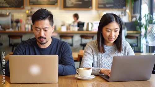 Two Asian people using laptops in coffee shop, working, background blurred, for business, marketing
