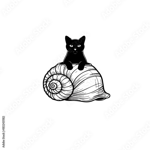 Curious Cat in Seashell Home