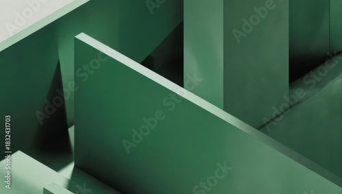 Abstract Green Geometric Shapes and Shadows Minimalist Background.