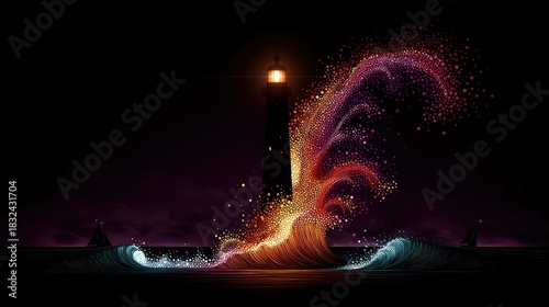 Fototapeta Naklejka Na Ścianę i Meble -  A lighthouse is illuminated by a colorful, abstract wave at night. Two small sailboats are in the distance.