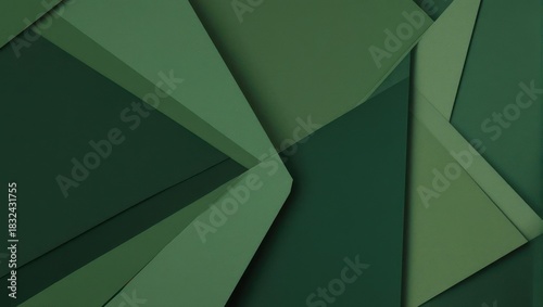 Abstract Green Geometric Shapes Background with Overlapping Layers.