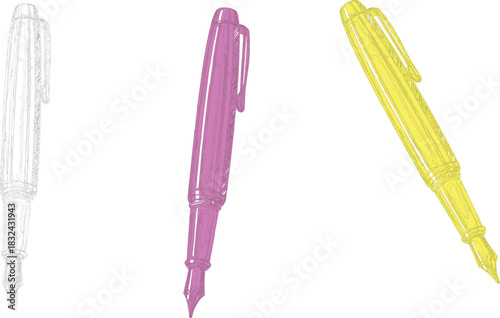 The image features a collection of three fountain pens, each distinguished by its unique color and style, presented in a linear drawing format.