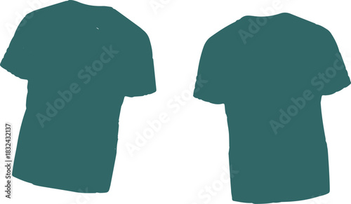 The image features two graphic renderings of a T-shirt, both presented in a solid muted teal color.